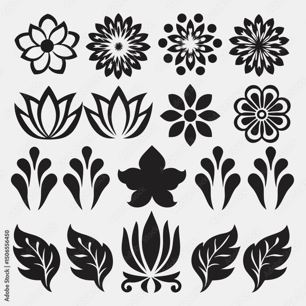 Obraz premium Geometric Garden: Abstract Floral Vectors & Botanical Icons, Flower shape vector, floral icon set, flowers vector silhouette, symmetrical floral patterns, lotus, petals, abstract blossoms.