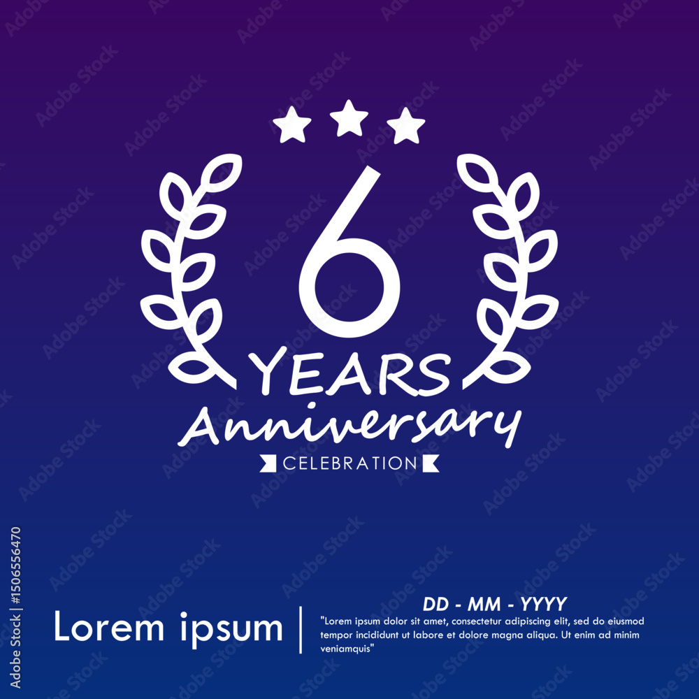 Fototapeta premium 6th years anniversary celebration emblem. congratulations anniversary logo isolated with laurel wreath and stars and ribbon on dark blue background. vector illustration template design