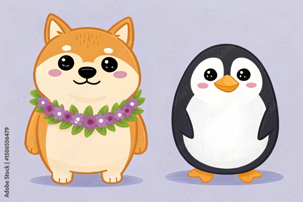 Fototapeta premium Adorable Shiba Inu Dog with Floral Lei and Penguin Cartoon Illustration