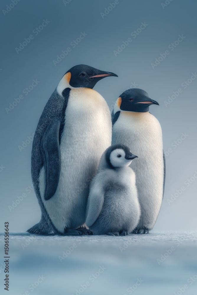 Fototapeta premium Kaiser-Pinguin-Familienportrait im Schnee, Emperor penguin family portrait in the snow