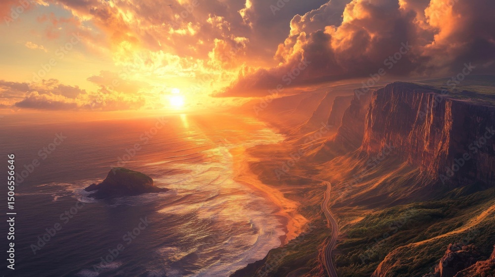 Fototapeta premium An aerial shot of a stunning coastal road with sweeping ocean views, dramatic cliffs, and the sun setting on the horizon, casting a golden glow.