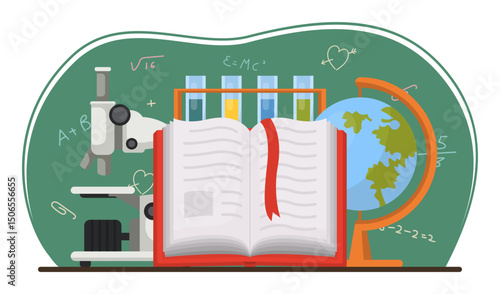Open School Book with Education Supplies Scene.