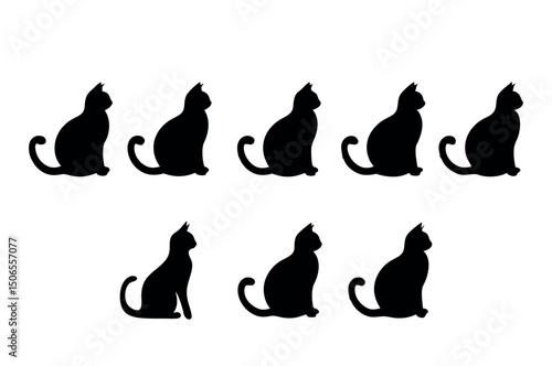Sitting Cat Silhouettes Vector – Black Feline Poses, Curled Tails, Alert Ears, Sticker Design