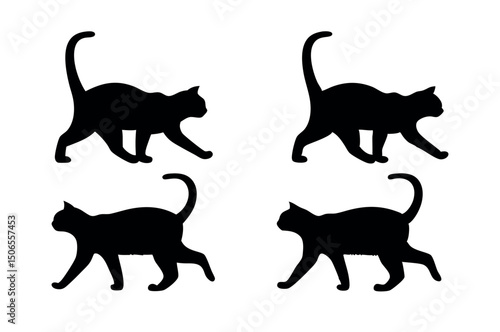 Walking and Stalking Cat Silhouettes – Black Profile Cats in Motion, Dynamic Poses Vector

