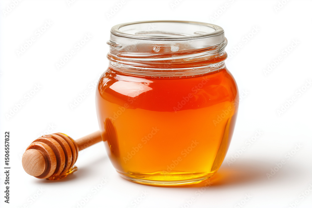 A clear glass jar filled with golden honey, isolated on a pure white background. The jar has a simple metal lid and a small wooden honey dipper resting beside it. A clear glass jar filled with golden honey, isolated on a pure white background. The jar has a simple metal lid and a small wooden honey dipper resting beside it.