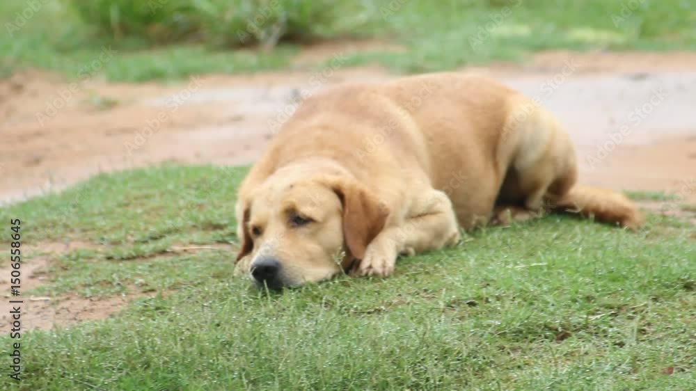 Dogs are sitting, relaxing, and sniffing the grass after the rain. Dogs are sitting, relaxing, and sniffing the grass after the rain.