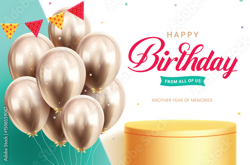 Birthday podium clipart background design. Happy birthday greeting text with bunch of gold metallic balloons and yellow podium for surprise party decoration elements clip art in green and white 