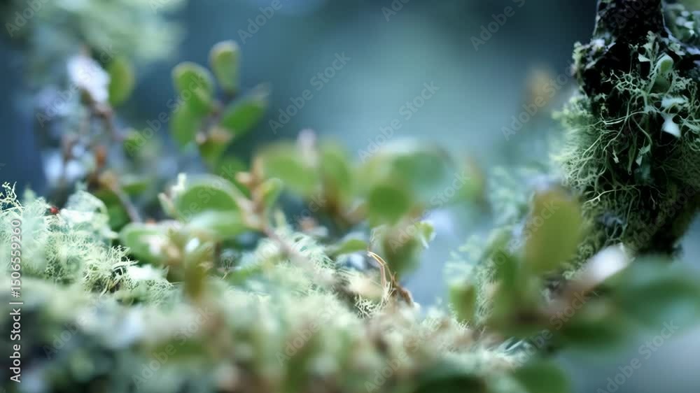Macro view of mossy branch and new green leaves growing, showcasing nature's detail and forest ecosystem in dreamy aesthetic light Macro view of mossy branch and new green leaves growing, showcasing nature's detail and forest ecosystem in dreamy aesthetic light