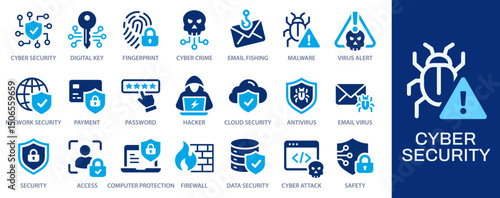 Cyber security icons, such as shield, access, password, hacker, network and more. Vector illustration. Easily changes to any color.