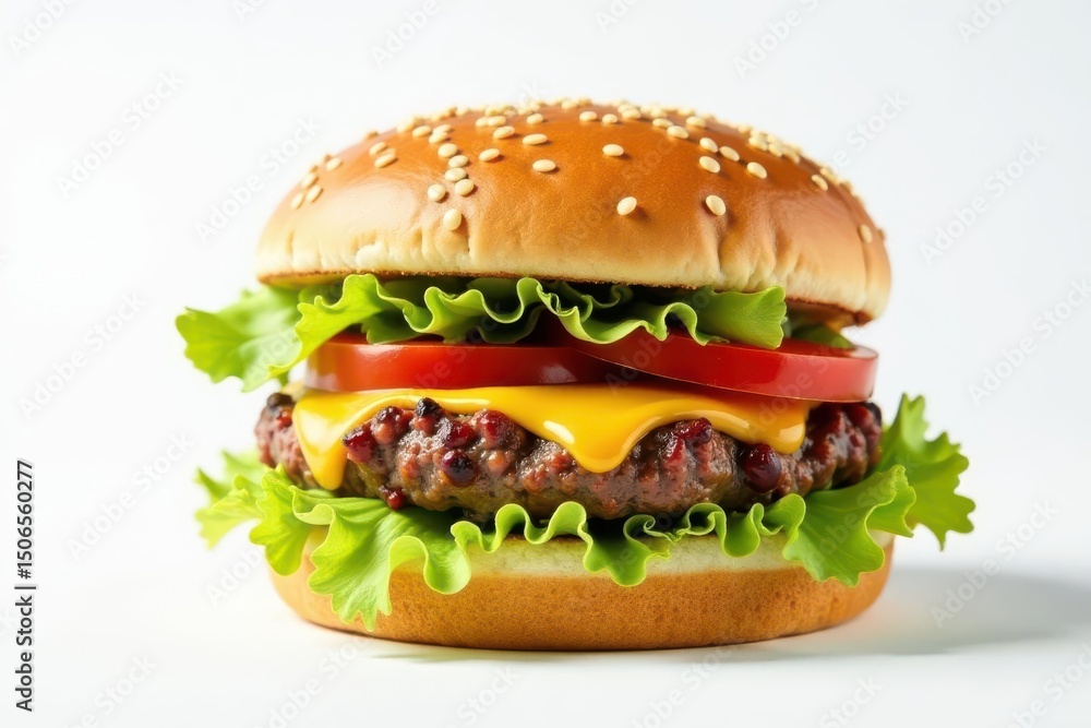Burger on white background, sesame seeds visible , juicy, food photography, food Burger on white background, sesame seeds visible , juicy, food photography, food