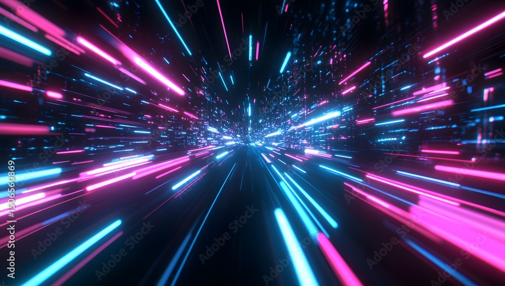 Obraz premium Glowing light trails in motion, a fast-paced effect on a black background with neon blue and pink lines.