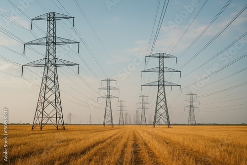 Power lines stretch across a golden field under a clear sky at sunset