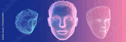 3D polygonal mesh faces with wireframe structure in gradient blue and pink background representing digital identity and facial recognition technology concept vector illustration