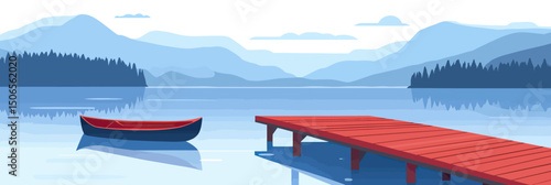 Red wooden pier and rowboat floating on calm lake with distant mountains and forest reflection minimalist vector landscape illustration