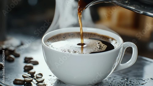 Hot coffee being poured into a white cup with steam rising and coffee beans scattered nearby.