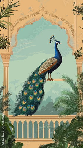 Elegant peacock perched on traditional Mughal architectural arch with luxurious green plants and serene sky background vector illustration