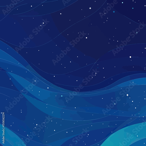 Abstract blue space background with flowing translucent waves and scattered star-like dots in minimalist vector style for technology and science concepts
