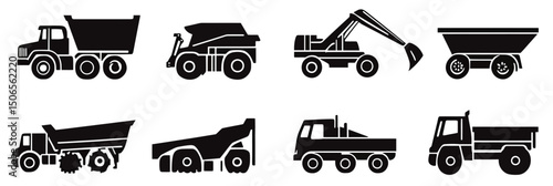 Set of black silhouette icons of heavy construction vehicles including dump trucks, excavators, and articulated haulers in flat minimalist vector style for industry and transport design