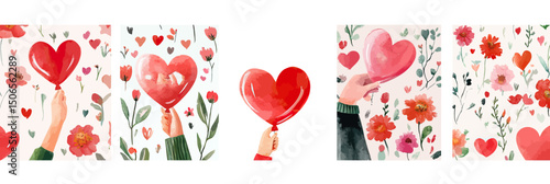 Watercolor heart shaped balloons held by hands with floral backgrounds romantic love greeting card illustrations for Valentine's Day celebration and affection themes