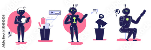 Set of four flat minimalist robots performing digital tasks including holding tablet with data, extracting files, presenting idea with light bulb, and speaking on smartphone with wireless signals