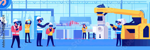 Industrial factory workers wearing virtual reality headsets operating robotic arm automation smart technology manufacturing assembly line futuristic industry 4 0 concept vector illustration flat style