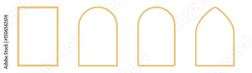 Collection of golden shiny arches. Luxury realistic rectangle frame, window shape, gate, door, geometric arch in oriental style. Muslim architecture design element, morocco shape. Vector illustration
