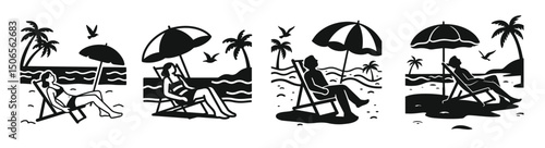 A black outline illustration of a person relaxing on a beach chair under an umbrella, with waves, palm trees, and a seagull flying in the background, vector set