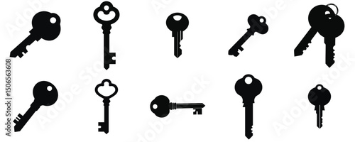 A collection of diverse key silhouettes perfect for logo design branding projects needing scalable icons and graphic elements for security or access themes