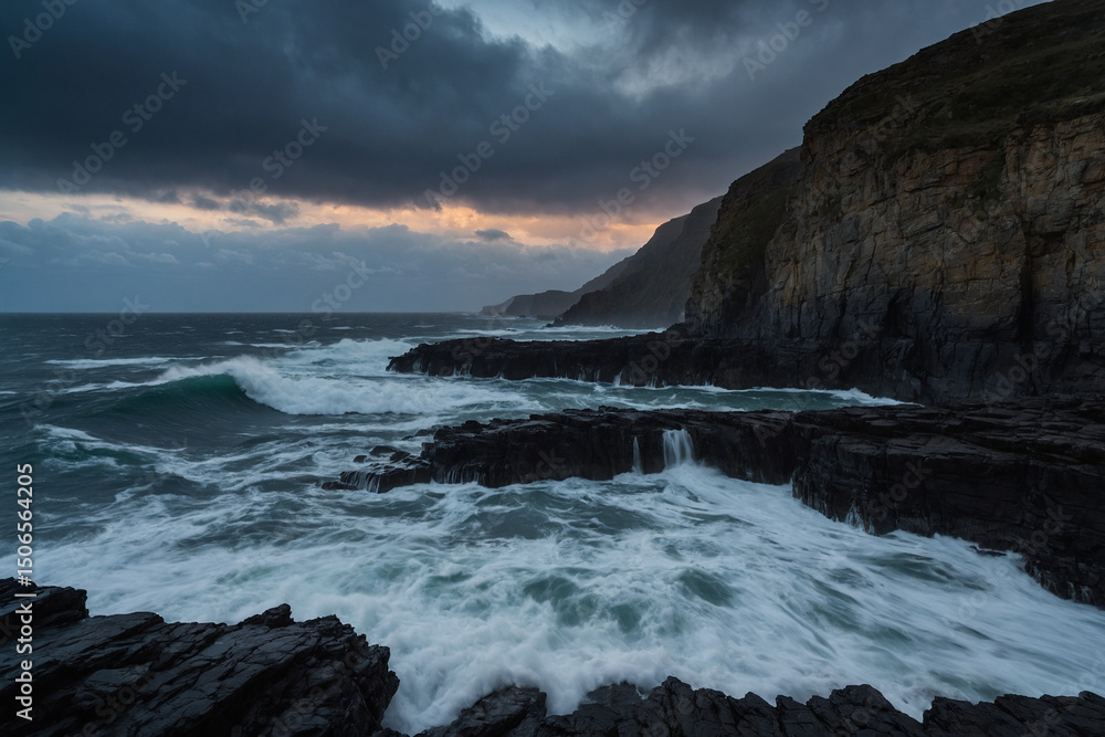 Obraz premium Stormy coastline at dusk seen from a narrow rocky path with waves crashing onto dark cliffs and low clouds glowing faintly from hidden sunset behind the horizon, the composition focuses