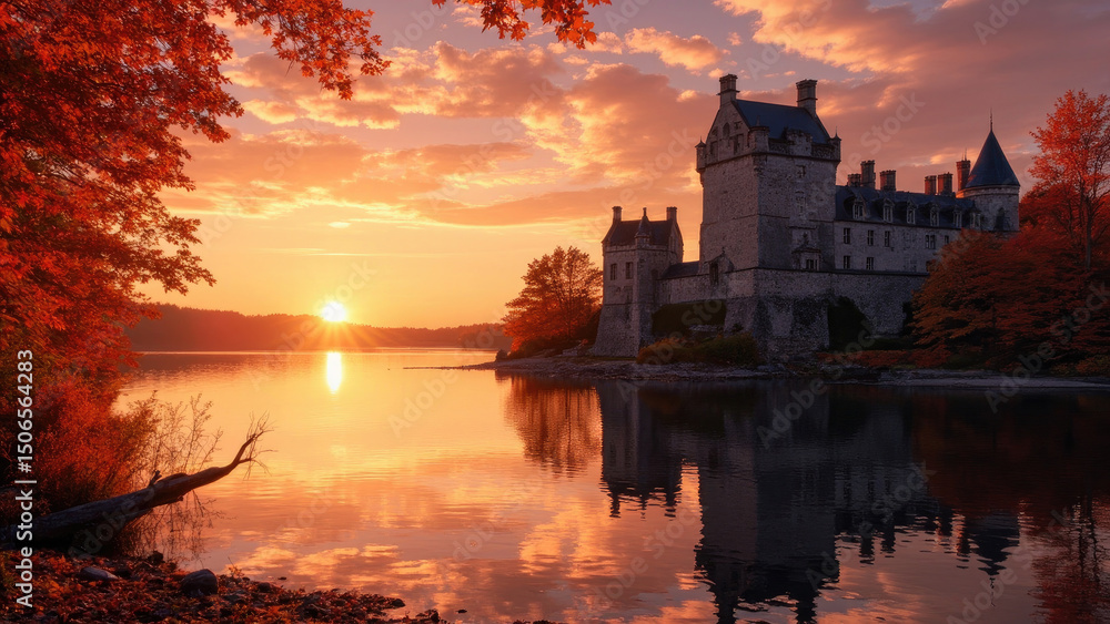 Obraz premium Majestic castle at sunset autumnal lake scene