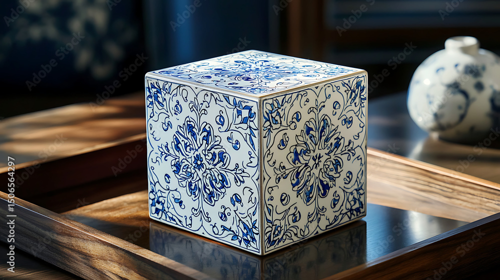 Fototapeta premium An elegant blue and white patterned ceramic box sits centered on a round, polished wooden tray against a light background