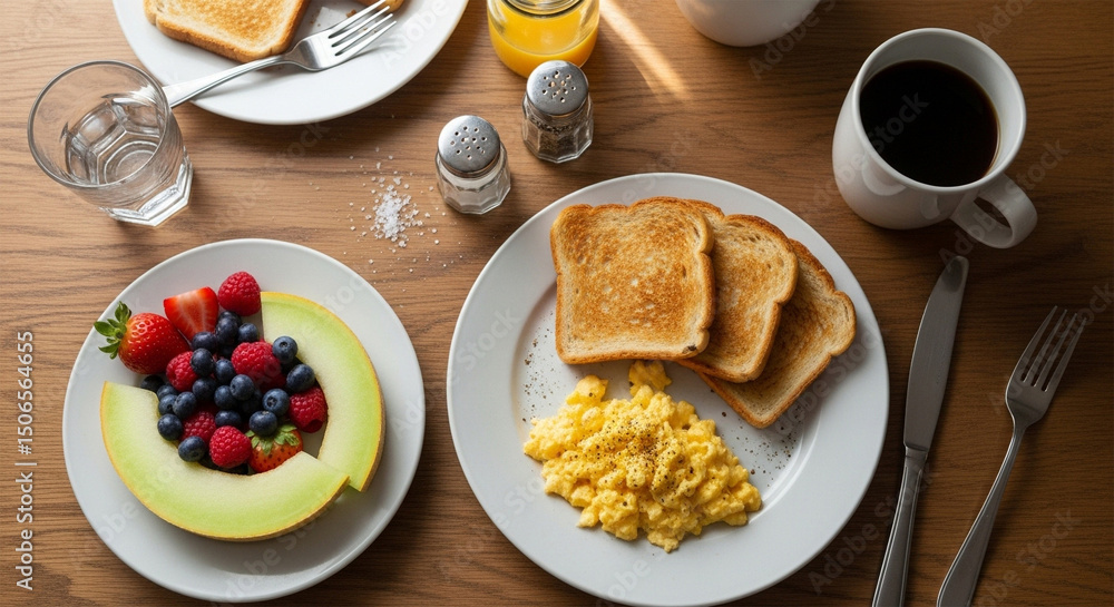 A breakfast spread featuring toast, eggs, fruit, and beverages on a wooden table surface A breakfast spread featuring toast, eggs, fruit, and beverages on a wooden table surface