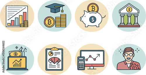 Financial Icons Representing Wealth and Education: A collection of vibrant icons illustrating financial concepts, including savings, investment, education, and the role of the bank.
