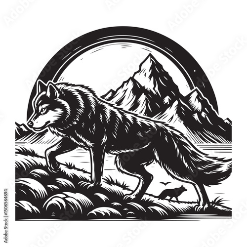 Vector illustration of a mountain wolf walking on rocks with a full moon background