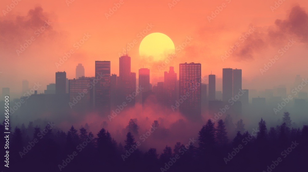 A city skyline shrouded in a thick, orange haze from wildfire smoke, with a glowing, red sun barely visible through the polluted atmosphere A city skyline shrouded in a thick, orange haze from wildfire smoke, with a glowing, red sun barely visible through the polluted atmosphere