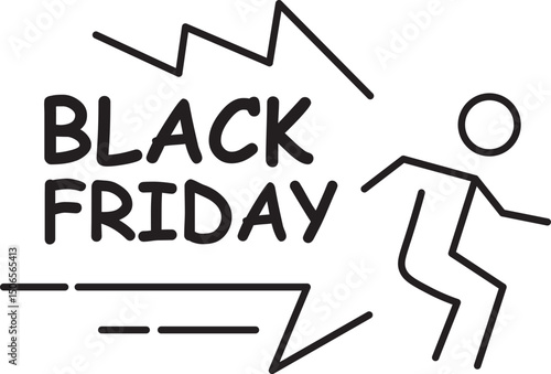 Black Friday sale illustration featuring stick figure running with excitement and bold text. design is simple and dynamic, capturing energy of shopping events