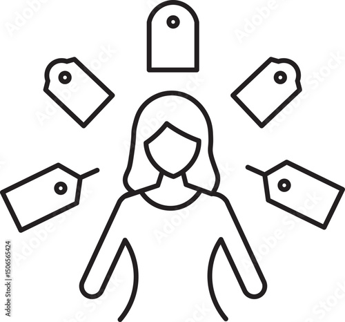 Woman surrounded by price tags symbolizes consumerism and shopping choices. minimalist design highlights decision making in purchasing