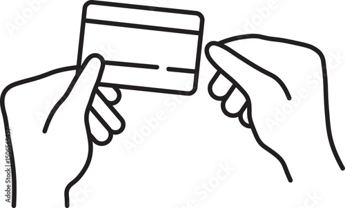 Two hands holding card, possibly credit or ID card, in simple black and white line drawing. image focuses on act of holding card, emphasizing card rectangular shape and hands grip