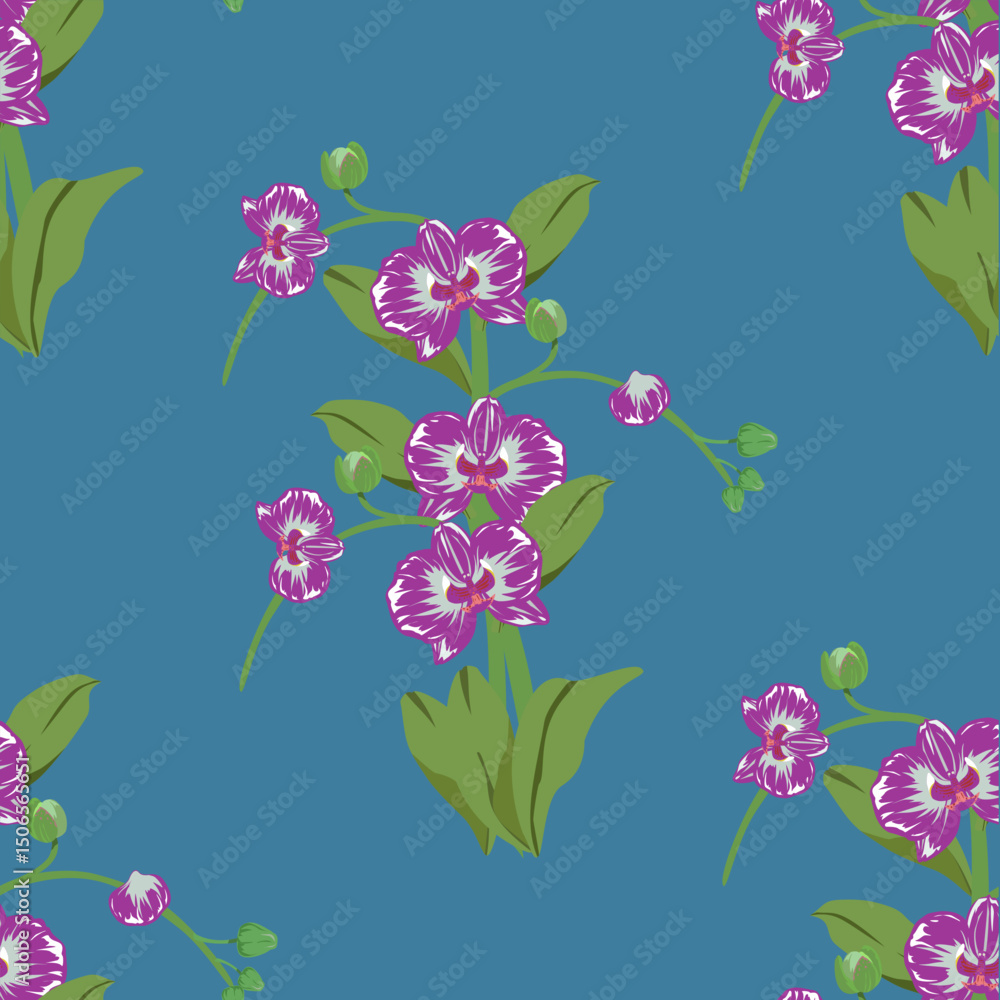 Fototapeta premium Purple Orchid Floral Pattern on Teal Background , Seamless Tropical Orchid Blossom Pattern
