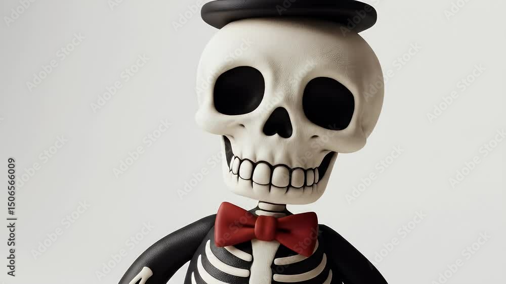 Cartoon Skeleton Standing Wearing Hat and Bow Tie on White Background Cartoon Skeleton Standing Wearing Hat and Bow Tie on White Background