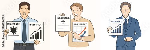 vector illustration collection of a man showing a tablet containing a bar chart image, wearing a formal shirt and tie