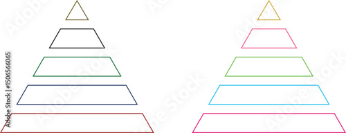 Levels of triangular pyramid icon set. Triangle pyramid chart collection. Maslow layer diagram. Development level infographic. Business graph. Vector illustration isolated on transparent background.