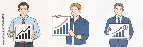 vector illustration collection of a man showing a tablet containing a bar chart image, wearing a formal shirt and tie