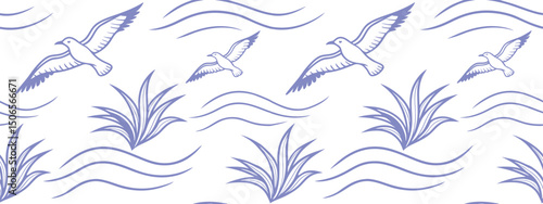 Seamless pattern of flying birds, coastal grass, and gentle waves in soft blue line art style. Ideal for nautical-themed designs, fabrics, or wallpaper. Light, airy, and peaceful oceanic vibe.