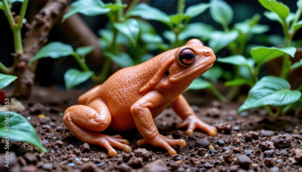 Close-up of a vibrant orange frog sitting on damp soil among lush green tropical leaves in a natural jungle habitat with detailed textures and rich colors Close-up of a vibrant orange frog sitting on damp soil among lush green tropical leaves in a natural jungle habitat with detailed textures and rich colors