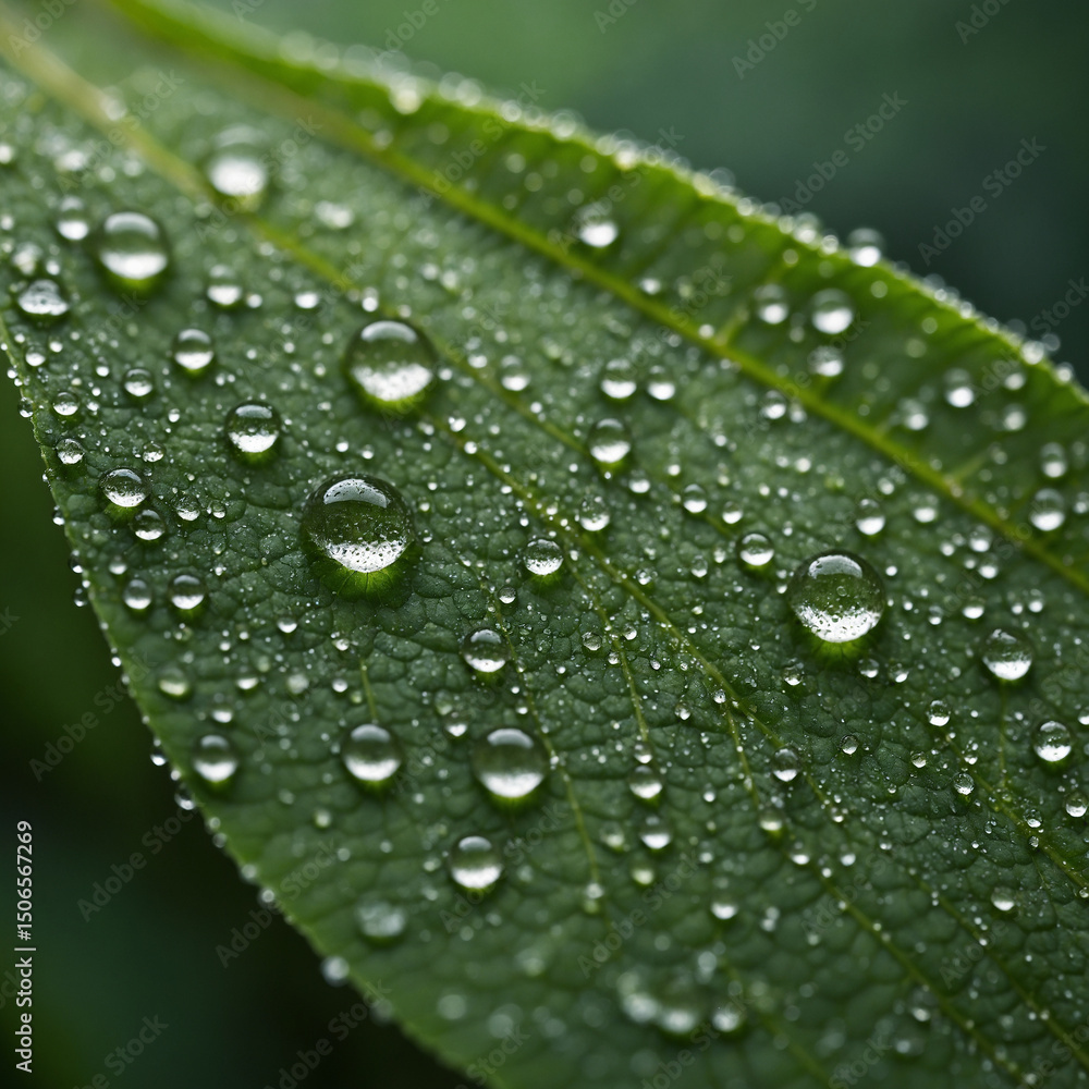Close-up of morning dew forming tiny spheres on the edge of a green leaf with soft light enhancing surface texture and water clarity captured in extreme macro detail after sunrise, Close-up of morning dew forming tiny spheres on the edge of a green leaf with soft light enhancing surface texture and water clarity captured in extreme macro detail after sunrise,