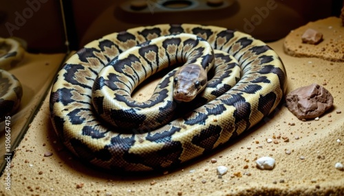Close-up of a large ball python snake coiled on sandy ground in captivity with rocks and terrarium background