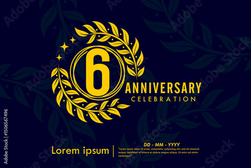 6th years anniversary celebration emblem. congratulations anniversary yellow logo with laurel wreath and stars on dark background. vector illustration template design for web	