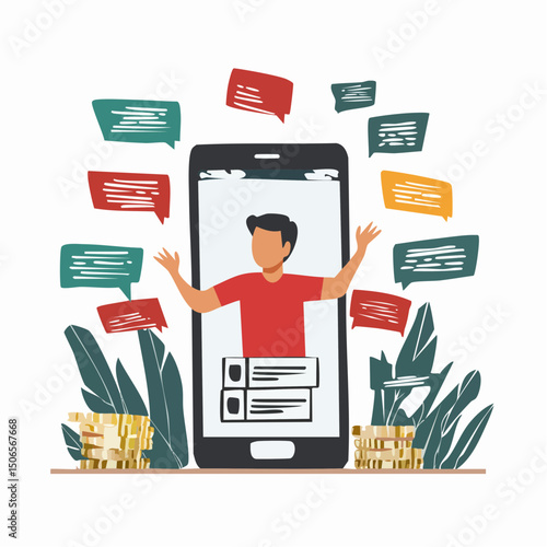 A clean vector illustration showing phone overload and app fatigue, with notifications, doom scrolling, and screen time stress symbols.