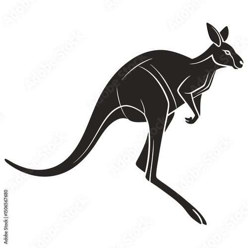 A black kangaroo silhouette vector illustration depicts the wild Australian mammal animal with a distinct tail, often seen jumping
